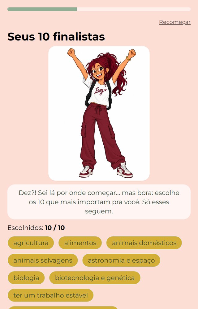 Tela do app com os dez critérios finalistas escolhidos pelo adolescente