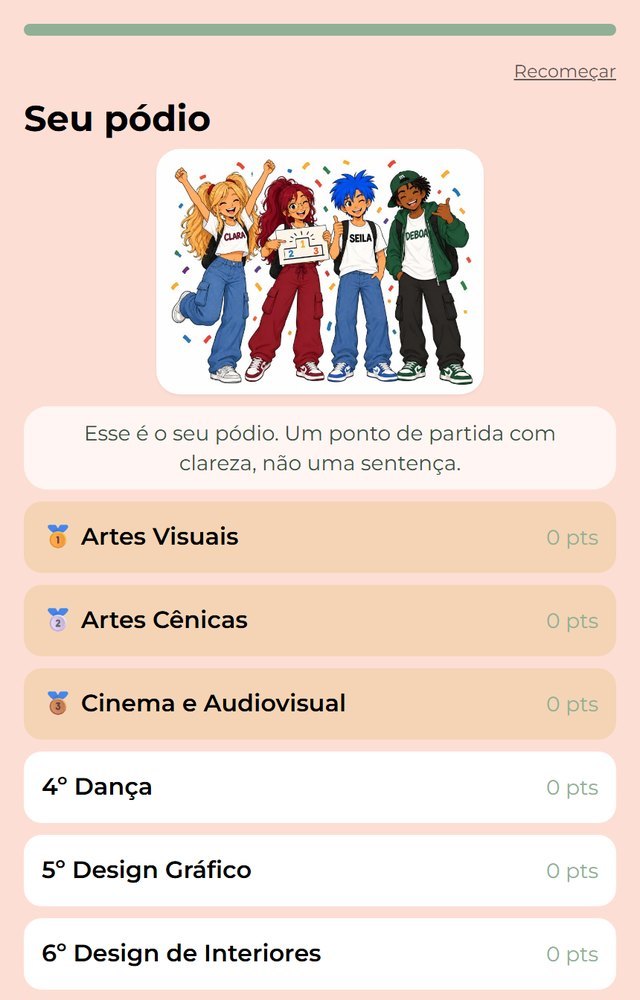 Tela do app com o pódio dos três cursos finalistas