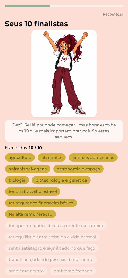 Tela do app com os dez critérios escolhidos pelo adolescente